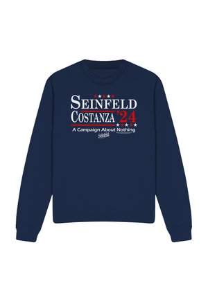 Navy blue sweatshirt with white and red text promoting "Seinfeld Costanza '24" campaign, slogan "A Campaign About Nothing," and stars above and below text.