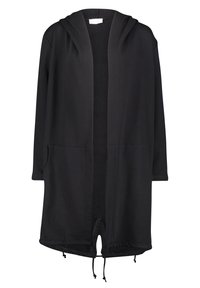 Cardigan negro largo con capucha, hecho de tela suave, que presenta un diseño de frente abierto, dos bolsillos laterales y cordones ajustables en el dobladillo.