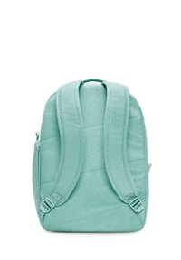 Light teal backpack with textured fabric, padded back, adjustable straps, and a top handle. Features a zippered pocket on the side.