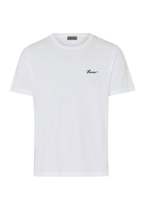 T-shirt en coton blanc à manches courtes avec un col rond et un petit logo noir brodé sur la poitrine gauche.