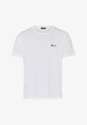 T-shirt bianca a maniche corte in cotone con collo a girocollo e piccolo logo ricamato nero sul lato sinistro del petto.