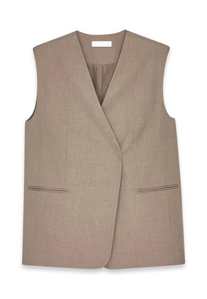 Beige ärmellose Weste mit tiefem V-Ausschnitt, zwei vorderen Taschen und einer glatten Textur. Ausgestattet mit einer taillierten Passform und dezenten Nähdetails.