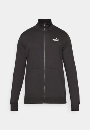 Black zip-up track jacket made of smooth fabric. Features stand-up collar, side pockets, and a white Puma logo on the left chest.
