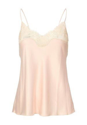 Camisola de satén rosa claro con tirantes finos y ribete de encaje crema a lo largo del borde superior.