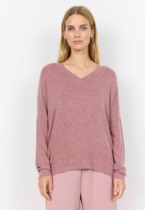 V-neck, long-sleeve sweater in soft pink knit. Features a relaxed fit with slightly wider sleeves. Paired with matching pink bottoms.
