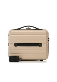 Custodia rigida beige con superficie testurizzata, dettagli neri, maniglia superiore e tracolla staccabile. Presenta un design a righe.