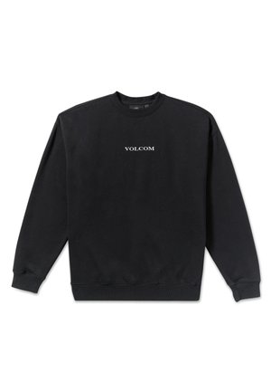Czarna bluza crewneck z długimi rękawami i logo "VOLCOM" na środku klatki piersiowej, w białym kolorze, ułożona płasko na białym tle.