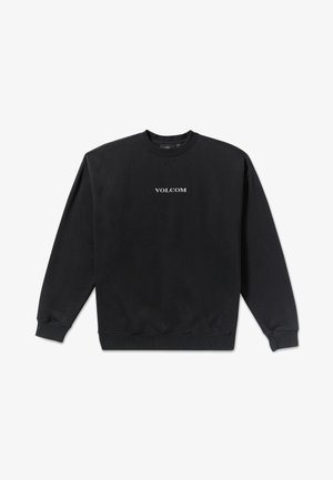 Czarna bluza crewneck z długimi rękawami i logo "VOLCOM" na środku klatki piersiowej, w białym kolorze, ułożona płasko na białym tle.