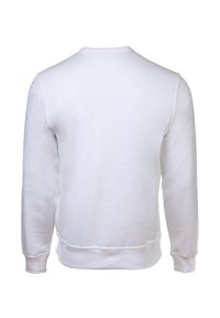 Sudadera blanca de cuello redondo con mangas largas, hecha de algodón suave. Textura suave, puños y cinturilla de canalé, diseño minimalista.