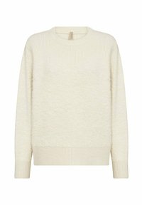 Crème-kleurige trui met een textuur, fuzzy lichaam en geribbelde kraag en manchetten. Heeft een eenvoudig, pullover ontwerp.