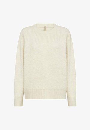 Crème-kleurige trui met een textuur, fuzzy lichaam en geribbelde kraag en manchetten. Heeft een eenvoudig, pullover ontwerp.