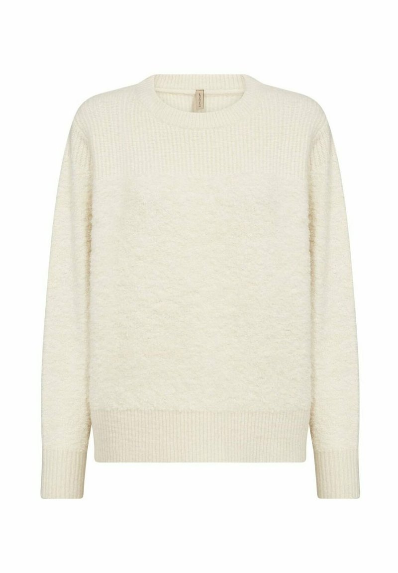 Crème-kleurige trui met een textuur, fuzzy lichaam en geribbelde kraag en manchetten. Heeft een eenvoudig, pullover ontwerp.