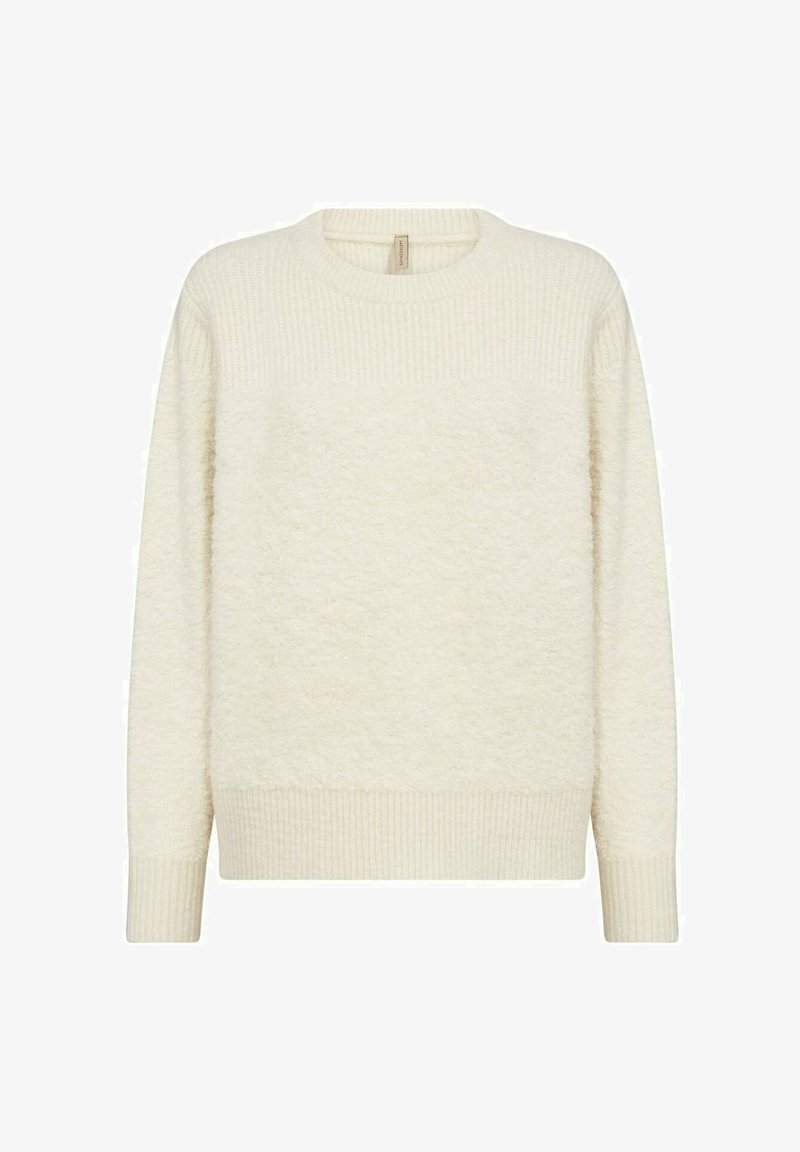Cremfarbener Pullover mit einem strukturierten, flauschigen Körper sowie einem gerippten Kragen und Bündchen. Verfügt über ein schlichtes, zum Überziehen geeignetes Design.