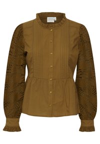 Blusa marrone con bottoni, caratterizzata da un colletto arricciato, un frontale plissettato e maniche lunghe ricamate con polsini a campana. Tessuto in misto cotone.