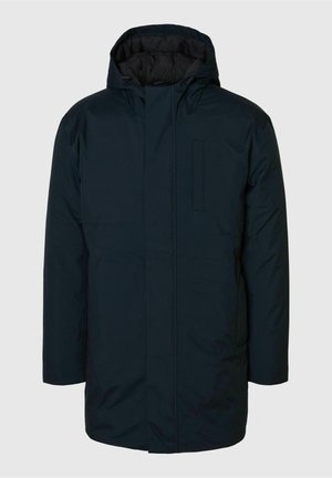 Donker marineblauwe geïsoleerde winterjas met capuchon, lange mouwen en verborgen rits sluiting aan de voorkant.