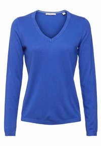Pull bleu à manches longues avec col en V, poignets et ourlet côtelés, présenté de face sur fond blanc.