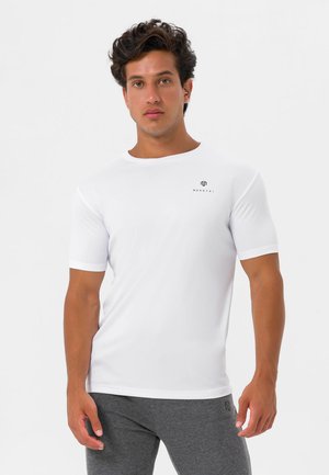 White short-sleeve athletic t-shirt made of smooth fabric, featuring a crew neckline and a minimal black logo on the chest.