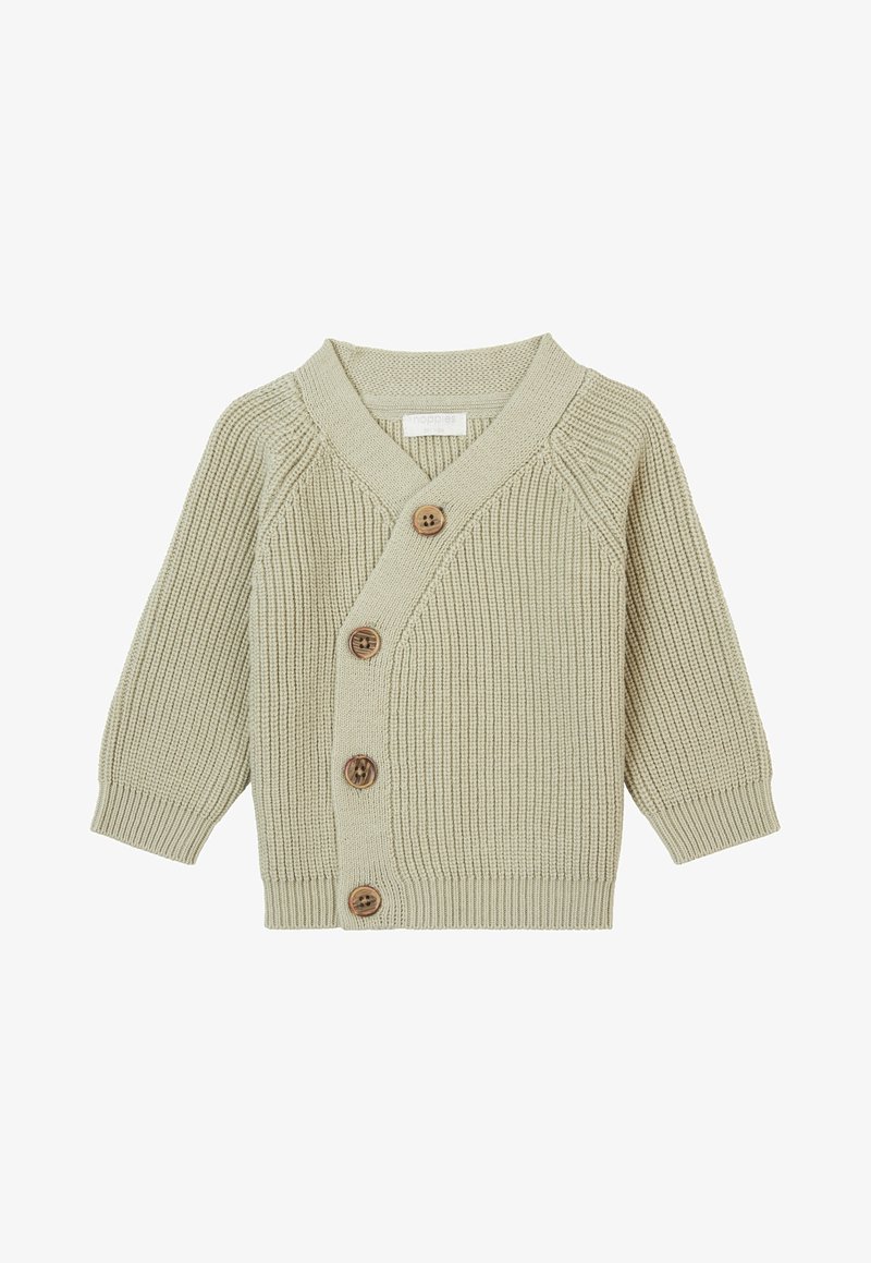Cardigan bébé en maille beige clair avec manches longues et quatre boutons en bois disposés en diagonale sur le devant.