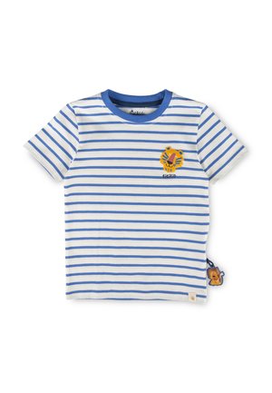 Weißes kurzärmeliges Kleinkind-T-Shirt mit blauen horizontalen Streifen, einem Tiger-Gesichtspatch auf der Brust und einem kleinen Löwenschlüsselanhänger an der Seite.