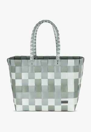 Gray and white woven tote bag with two textured handles, featuring a checkered design and a small logo detail on the side.
