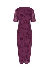 Violetti mekko lyhyillä hihoilla, jossa on kukkakuosi ja muotoiltu siluetti, joka ulottuu polveen. Valmistettu teksturoidusta kankaasta.