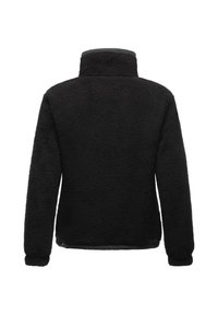 Schwarze Fleecejacke mit hohem Kragen, strukturiertem Obermaterial und langen Ärmeln. Verfügt über eine schwarze Borte am Saum und an den Ärmeln.