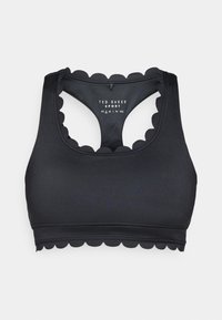 Μαύρο αθλητικό σουτιέν με σχέδιο με κοφτές άκρες, κατασκευασμένο από απαλό, ελαστικό υλικό, με ράχη τύπου racerback και ετικέτα μάρκας στο εσωτερικό.