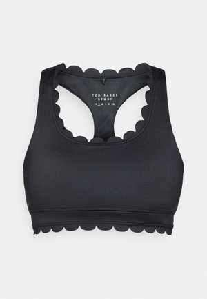 Bra sportivo nero con design a bordo scallop, realizzato in materiale liscio ed elastico, dotato di schiena a racer e etichetta del brand all'interno.