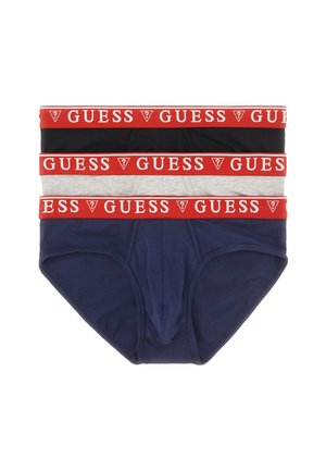 Tre par herrebukser med en rød "GUESS" logo elastik i taljen. Farver: marineblå, sort og grå. Blødt bomuldsstof med en glat overflade.
