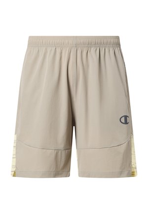 Shorts de sport beiges avec taille élastique, panneaux latéraux à motif jaune clair et petit logo sombre sur la jambe droite.