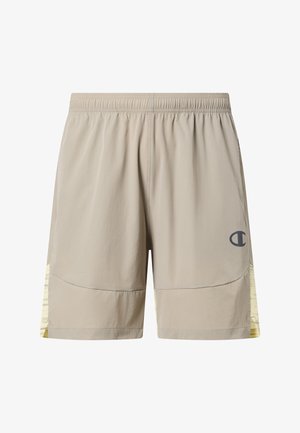 Beige atletische shorts met elastische tailleband, zijpanelen in lichtgele print en een klein donker logo op het rechterbeen.