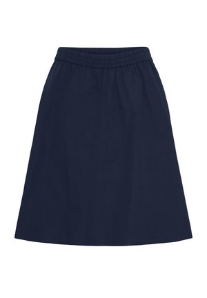 Marineblauwe knielange rok met elastische tailleband, A-lijn silhouet en eenvoudige, gladde textuur van de stof.