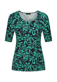 T-shirt à manches courtes en tissu doux, avec un fond bleu marine et un vif motif floral vert. Encolure ronde classique.