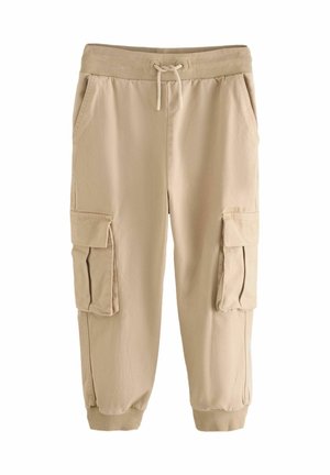 Beige cargobyxor med elastisk midja och dragsko. Utrustad med två sidofickor och två stora cargofickor på låren. Mjuk tygkvalitet.