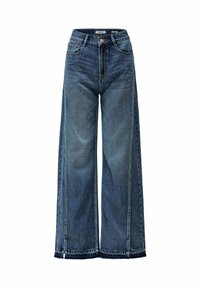 Wide-leg blue denim jeans with a high waist, featuring subtle whiskering, contrast stitching, and a raw hem at the ankle.