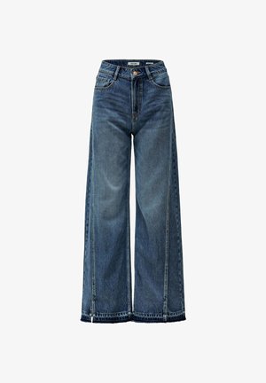 Jeans in denim blu a gamba larga con vita alta, caratterizzati da leggere sfumature, cuciture a contrasto e orlo grezzo alla caviglia.