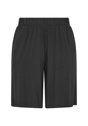 Schwarze locker sitzende Shorts knielang mit elastischem Bund, auf weißem Hintergrund dargestellt.