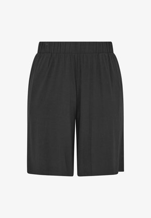 Schwarze locker sitzende Shorts knielang mit elastischem Bund, auf weißem Hintergrund dargestellt.