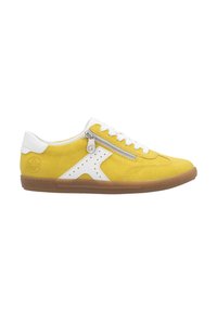 Yellow suede sneaker with white leather accents, perforated design, lace-up closure, side zipper, and a gum sole.