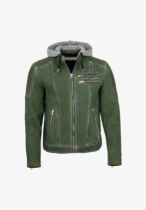 Grüne Lederjacke mit grauer Stoffkapuze, Frontreißverschluss, zwei vertikalen Seitentaschen und zwei horizontalen Brusttaschen mit Reißverschlüssen.