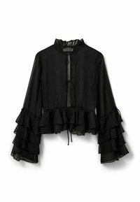 Black, ruffled blouse with long sleeves, sheer fabric, high neck, and tie closure; features tiered, flowing layers at the sleeves and hem.