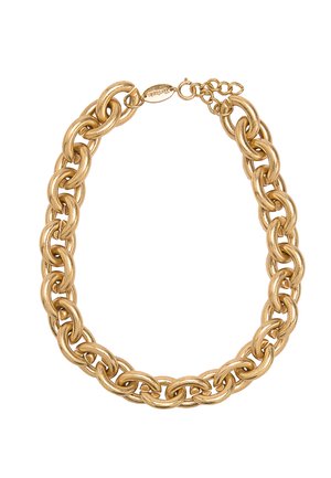 Naszyjnik z chunky złotym łańcuchem z połączonymi owalnymi ogniwami i zapięciem typu karabińczyk na białym tle.
