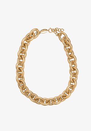 Naszyjnik z chunky złotym łańcuchem z połączonymi owalnymi ogniwami i zapięciem typu karabińczyk na białym tle.