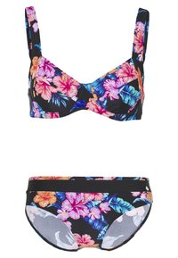 Bloemenbikini set met een zwarte achtergrond versierd met levendige roze en blauwe tropische bloemen. De top heeft verstelbare bandjes en de onderkant is van een gemiddelde hoogte.