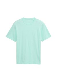 Camiseta de cuello redondo de manga corta azul claro con tejido texturizado sutil, diseño liso y pequeño logo bordado en el pecho izquierdo.