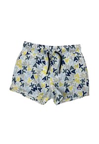 Costumi da bagno in tessuto bianco con un motivo astratto colorato che presenta forme blu, gialle e grigie. Vita elastica con cordino.