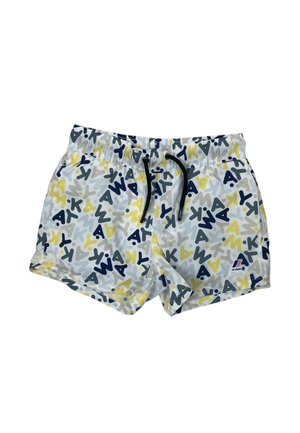 Costumi da bagno in tessuto bianco con un motivo astratto colorato che presenta forme blu, gialle e grigie. Vita elastica con cordino.