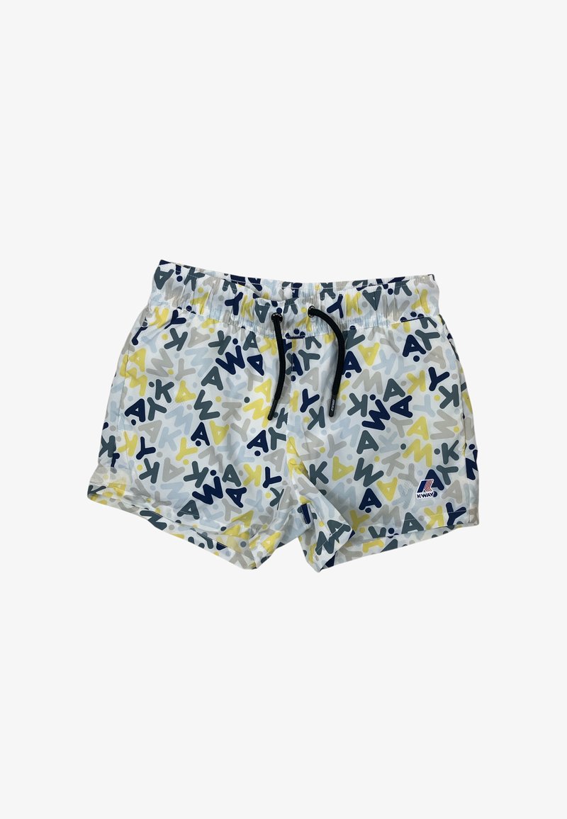 Costumi da bagno in tessuto bianco con un motivo astratto colorato che presenta forme blu, gialle e grigie. Vita elastica con cordino.