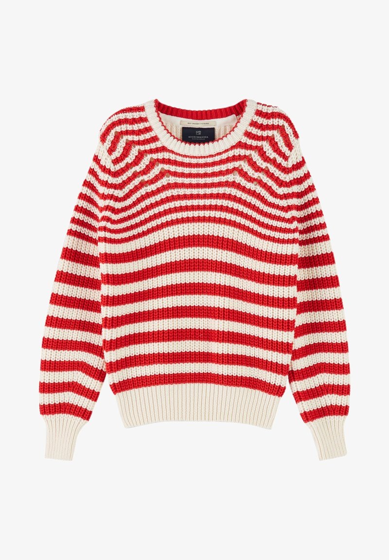 Pull en maille épaisse avec des rayures horizontales rouges et blanches, poignets, ourlet et encolure ronde côtelés.