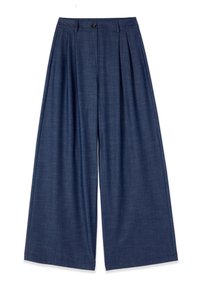 Pantalones de pierna ancha en azul marino con pliegues frontales, cierre de botones y trabillas para cinturón, confeccionados en un tejido texturizado.